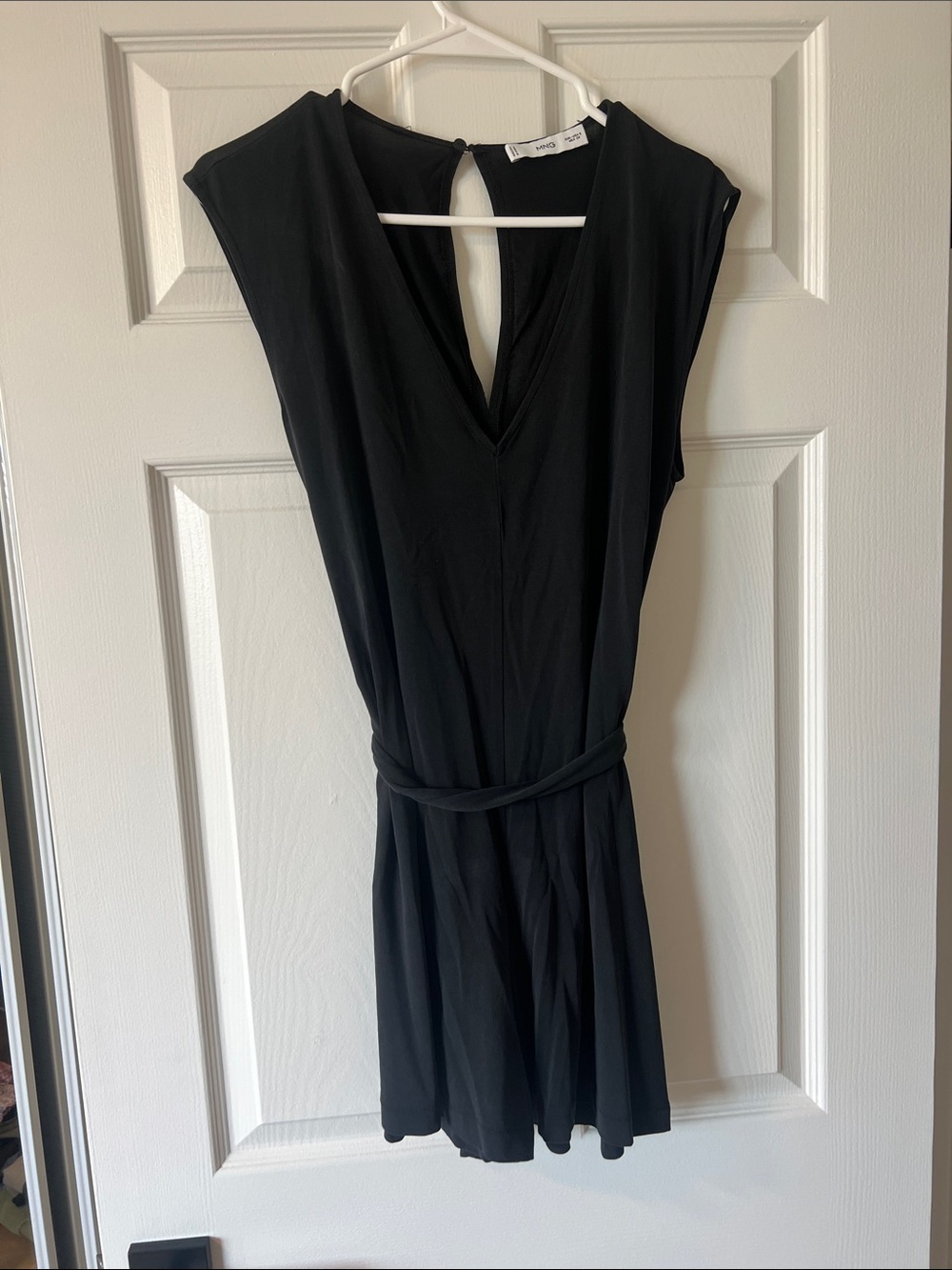 Mango Black Sleeveless V-Neck Romper with Waist Tie